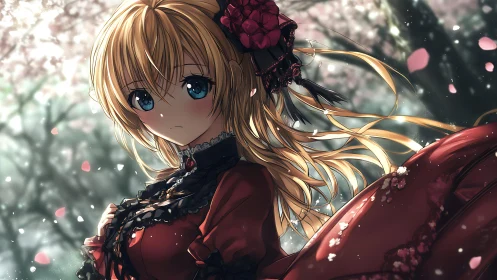 Cherry blossoms linger as the crimson lace girl turns away