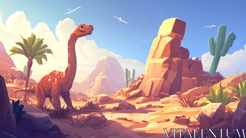 Cartoon dinosaur stands in sunlit desert canyon landscape