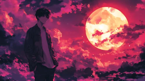 Solitary figure under large moon in vivid red sky.