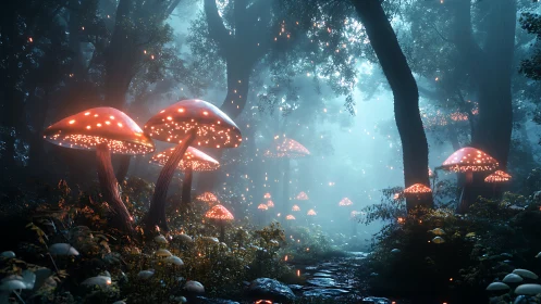 Bioluminescent mushrooms glow through misty enchanted forest
