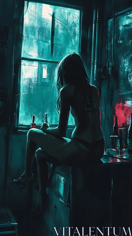 Neon-lit solitude with contemplative figure at window edge.