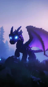 Voxel cyber dragon glows in misty neon twilight forest.