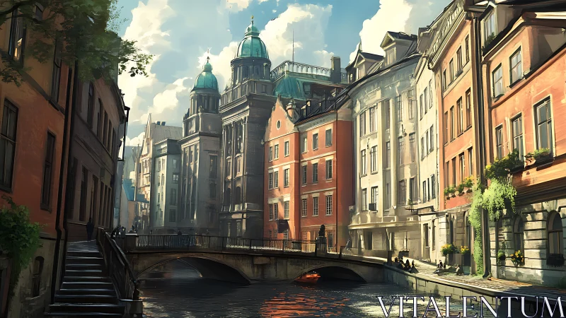 Sunlit canal city stroll beneath copper domes and clouds.