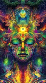 Radiant cosmic meditation in swirling neon dreamlight.