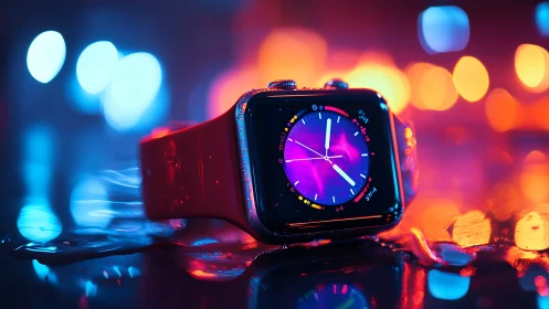 Smartwatch lies on wet reflective surface in neon lights