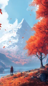 Solitary figure surveys snow peak beyond vivid orange valley