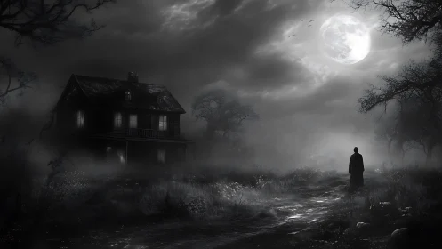 Moonlit rural house with lone figure on misty path at night.