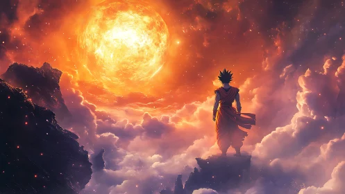 Skyward warrior greeting a newborn sun of swirling fire.