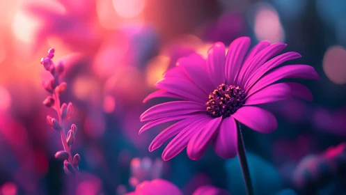 Vibrant Magenta Daisy with Blurred Bokeh Garden Background