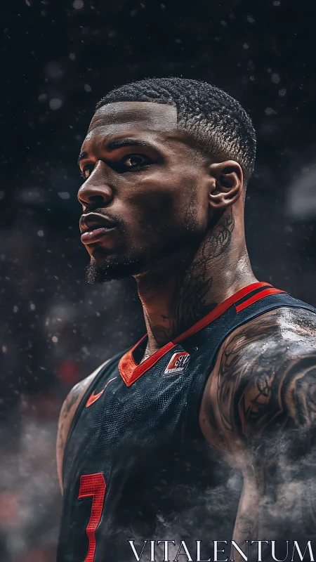 Focused basketball player in dark jersey on smoky court.