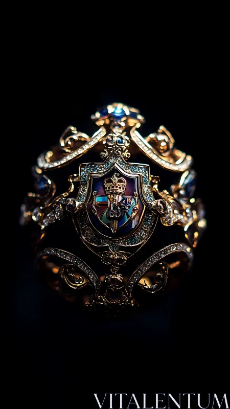 Jeweled royal crest ring glows dramatically against darkness