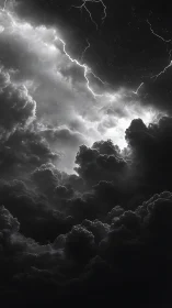 Monochrome cumulonimbus field illuminated by lightning arcs.