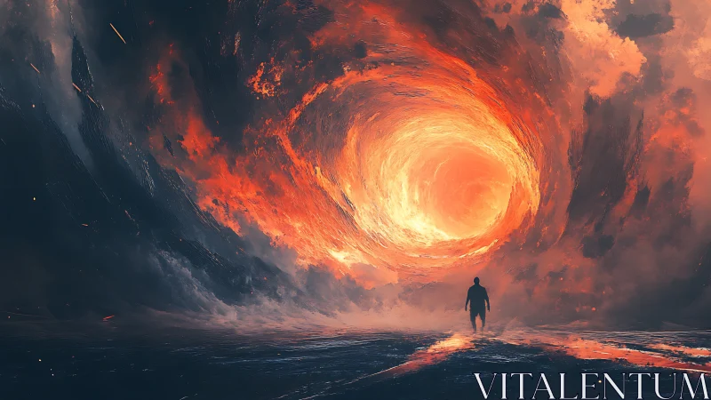 Solitary figure before colossal apocalyptic fire vortex sky
