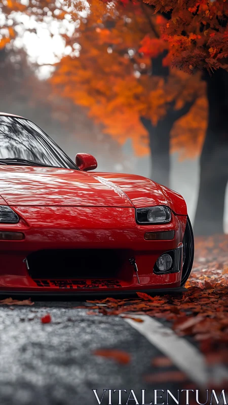 Red sports car framed by misty autumn forest road scene.