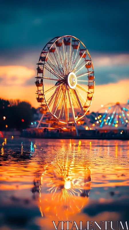 Ferris wheel doubles as a burning sun in rippled twilight
