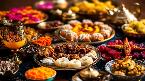 Rich festive feast with colorful sweets and grilled meats.