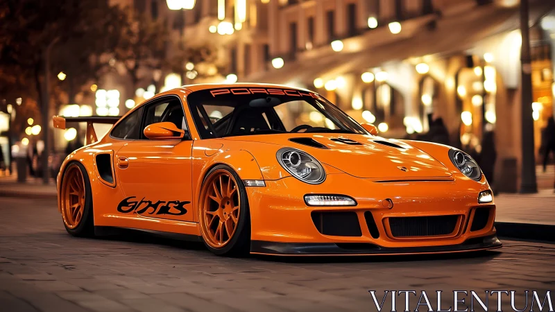 Orange tuned sports car parked on lit city street at night.