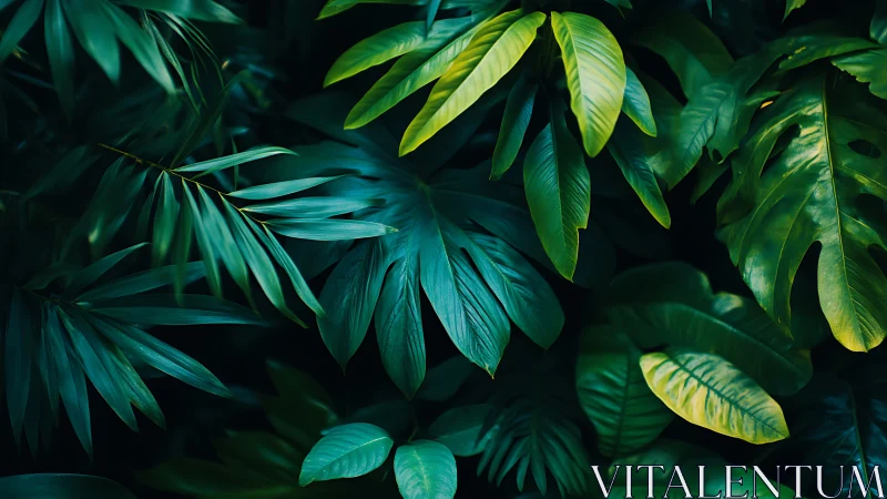 Emerald jungle leaves weaving a lush midnight canopy.