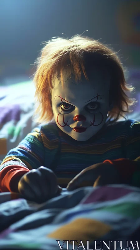 Creepy clown doll stares intensely from a dark bedroom.