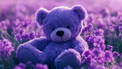 Soft plush teddy bear rendered in shallow depth lavender field