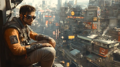 Augmented scout surveys dense vertical megacity from ledge