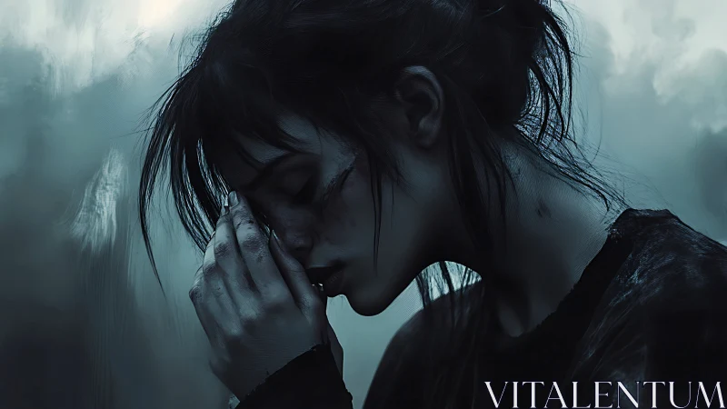 Woman in profile with closed eyes in cold blue light.