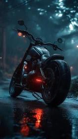 Custom motorcycle on wet night street in steady rain.