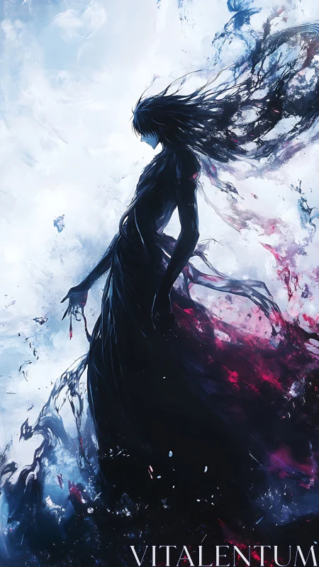 Silhouetted figure in swirling abstract light and shadow.