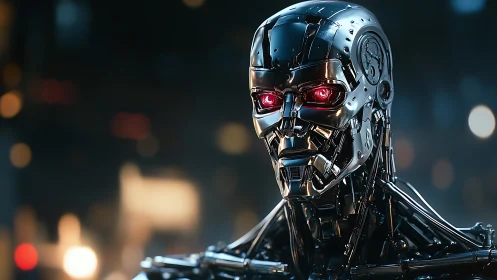 Cybernetic endoskeleton portrait with high-gloss specular surfaces.