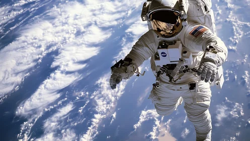 Astronaut conducts EVA above textured cloud-covered Earth.