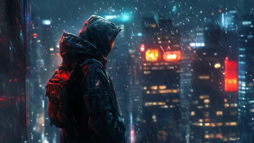 Hooded lone figure in neon rain against blurred cyberpunk skyline