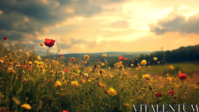 Sunset meadow of wildflowers and one brave red bloom.