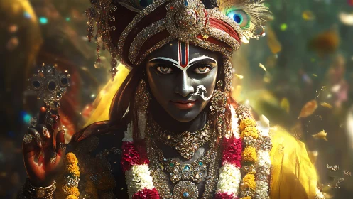 Divine figure gazes forward amid vibrant sacred blossoms