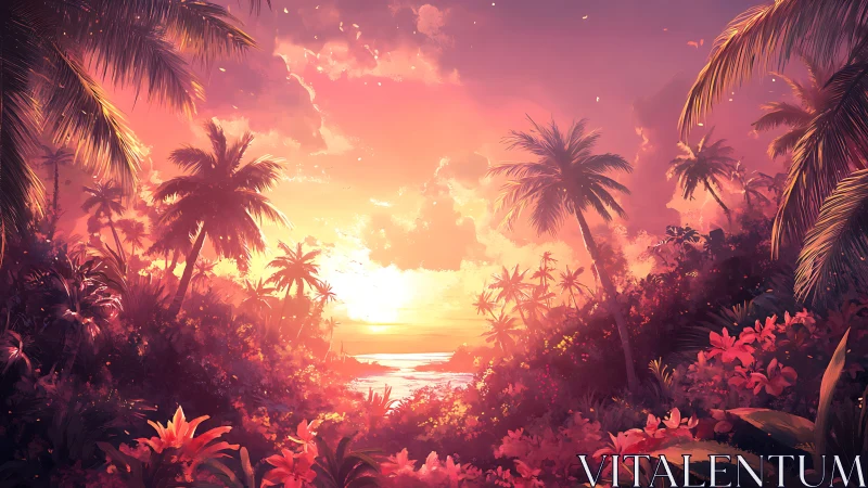 Tropical skyfire sunset ignites lush palm island cove.