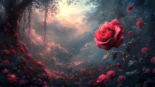 Roses in Misty Garden Landscape with Atmospheric Light