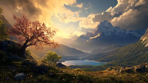 Golden mountain sunset over a serene blooming valley.