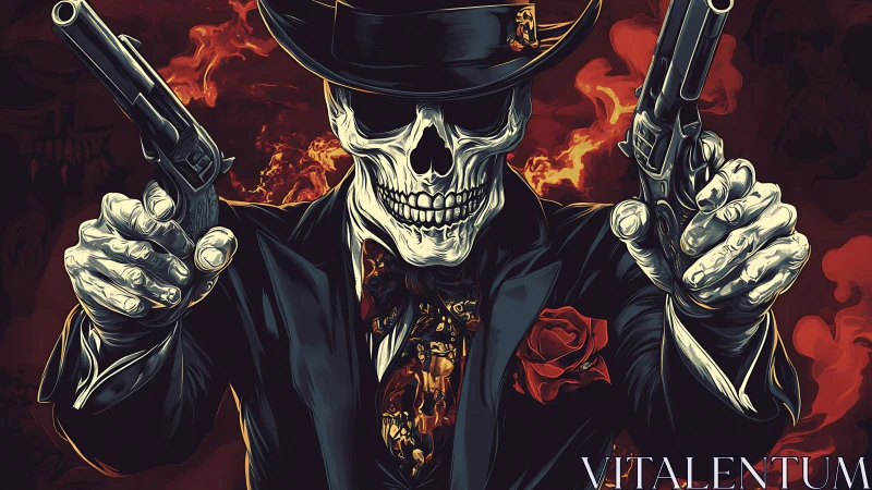 Suit-clad skeletal gunman rendered in high-contrast digital vector art