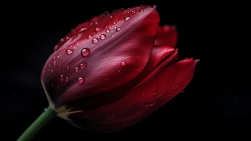 Crimson Tulip Bud with Water Droplets Against Dark Background