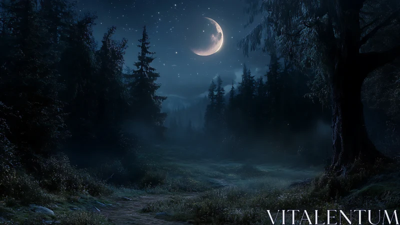 Crescent Moon Over Coniferous Forest At Night
