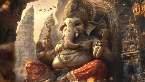 Golden temple calm with gentle elephant-headed deity.