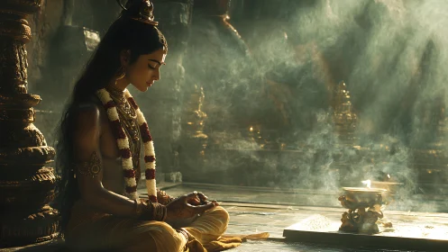 Meditating ascetic sits in golden temple light with incense