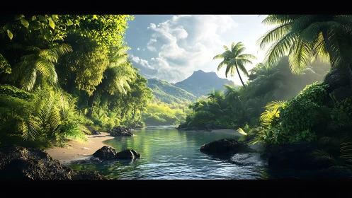 Tropical River Valley with Mountain Peak.