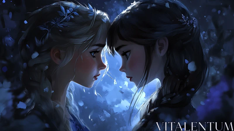 Snowlit sisters in intimate winter night embrace.