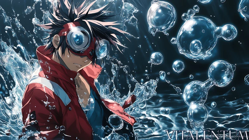 Goggled character in red jacket amid suspended water bubbles.