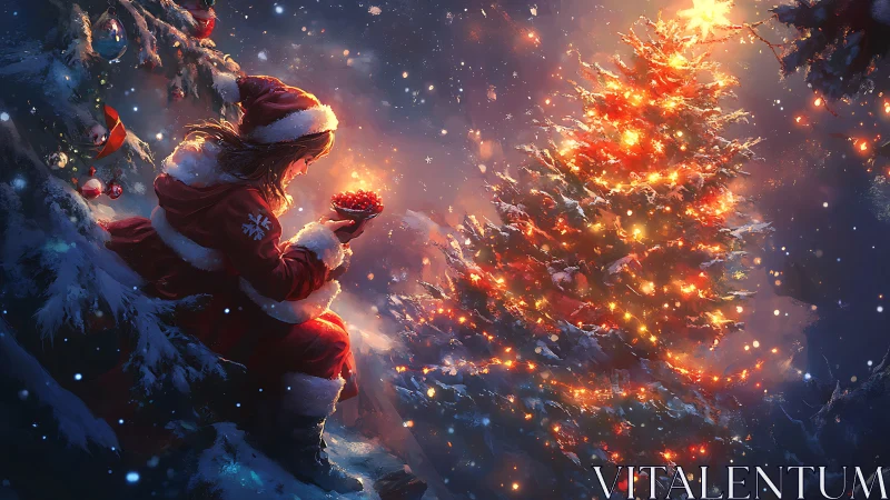 Girl in red coat lighting glowing winter Christmas tree.
