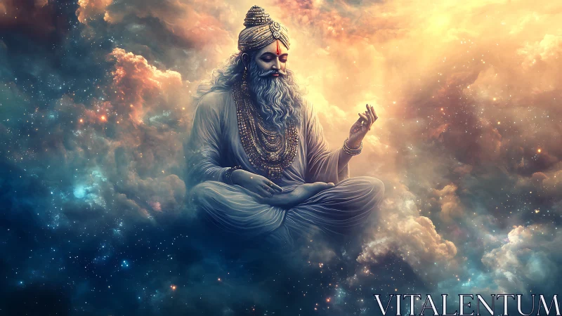 Bearded robed figure meditates within glowing cosmic nebula