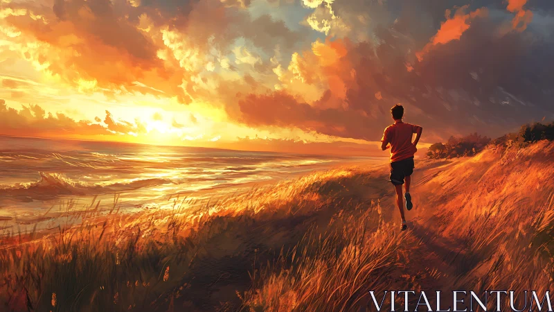 Dynamic coastal jogger under radiant sunset sky, digital art