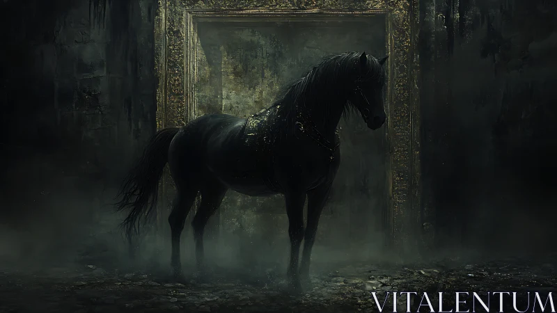 Midnight horse waits softly before a fading golden doorway