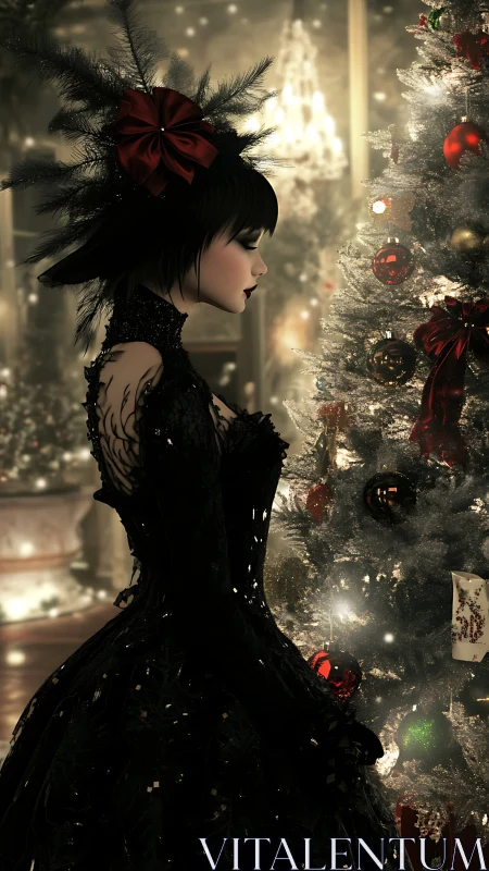 Gothic Christmas portrait of woman by illuminated tree in profile