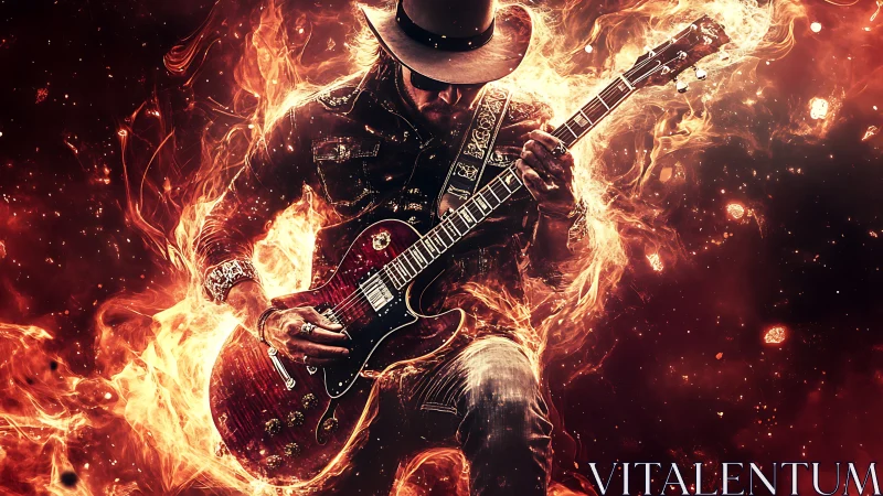 Flaming cowboy guitarist in high-energy digital combustion field.